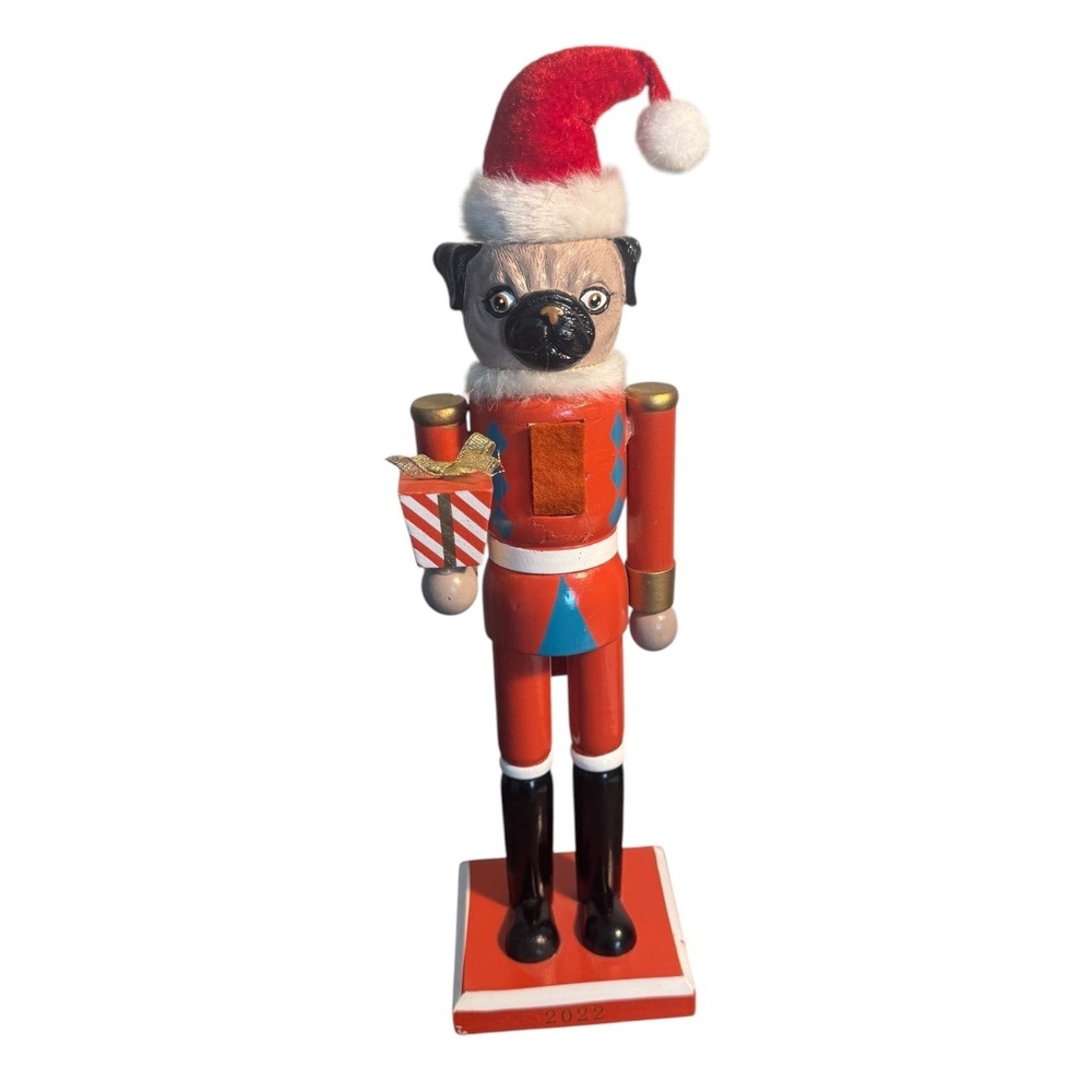 Christmas Wooden Nutcracker Pug Dog Santa Suit 2022 Dated 15"